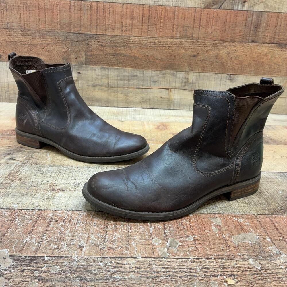 Timberland Boots Womens Size 8.5 39.5 Brown Leather Ankle Chelsea Pull On 8554A